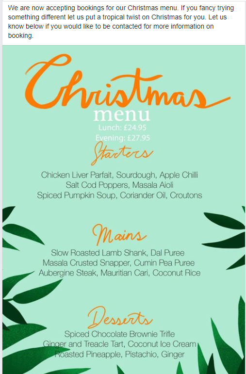 christmas menu screenshot - Cross promoting and creating a sense of urgency - - restaurant facebook post ideas
