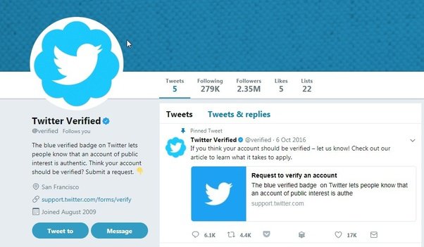 Twitter profile with Twitter verified stamp 