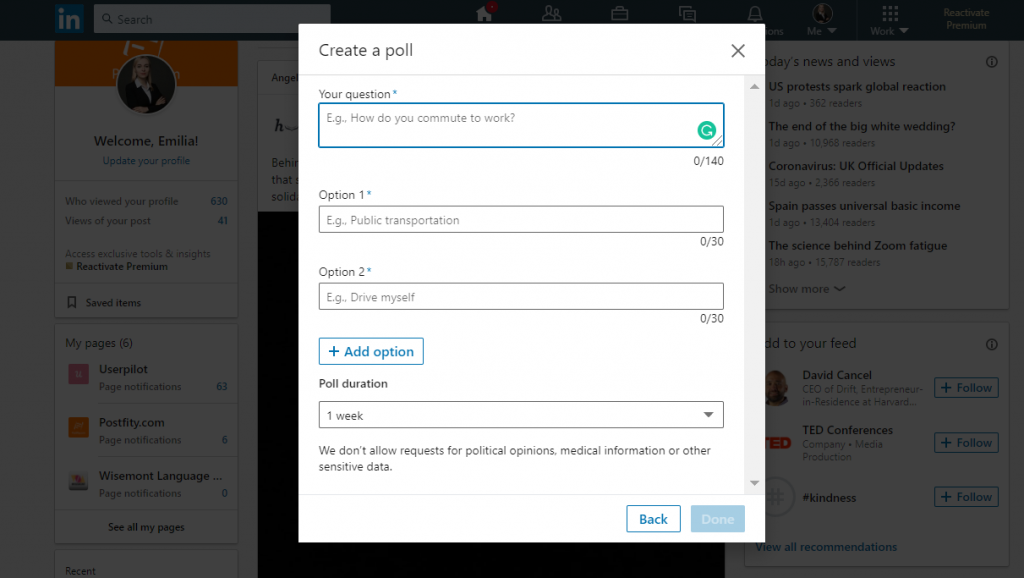 Creating a Linkedin Poll step 2