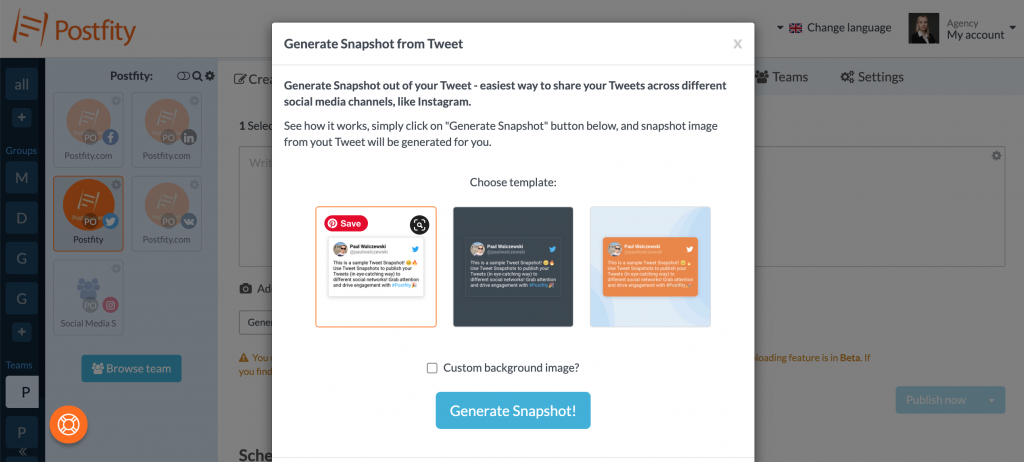 An alternative to Hootsuite for Instagram — Postfity, with Snapshots generator