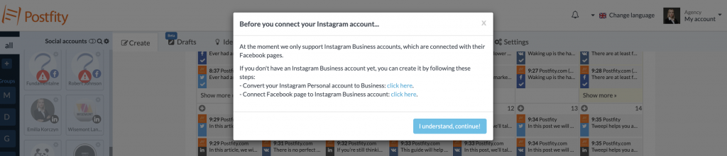 add instagram account to postfity 