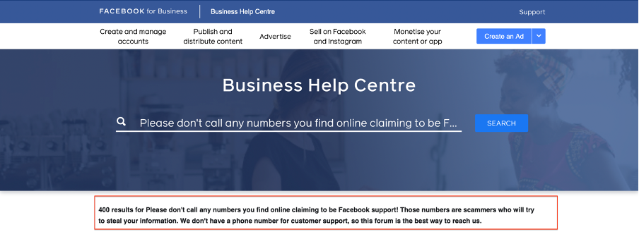 Business Help Centre's phone number scam notice