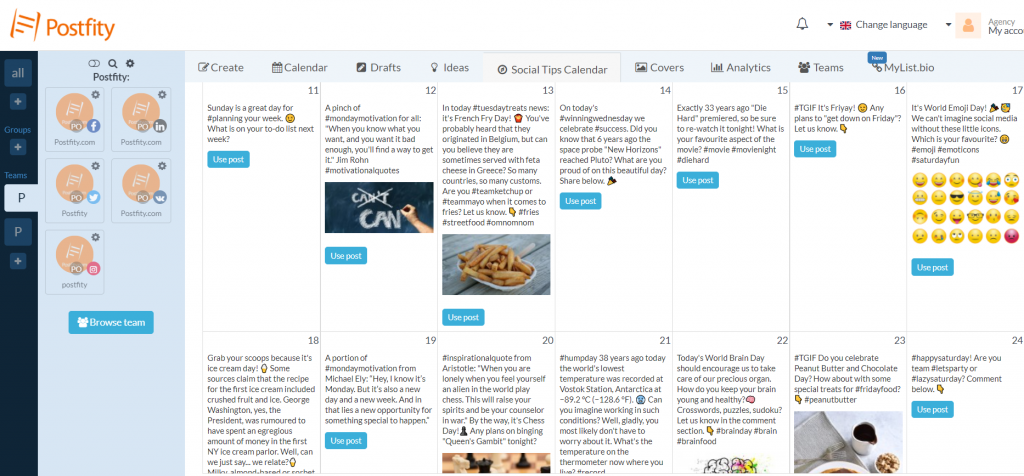 An alternative to LinkedIn marketing tools: Postfity with its Social Tips Calendar