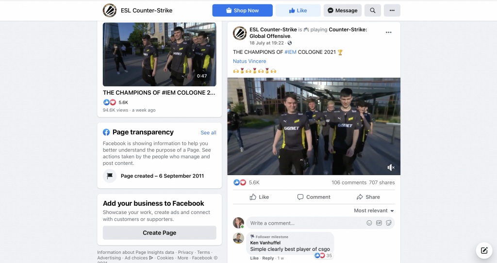 ESL gaming company's Facebook page