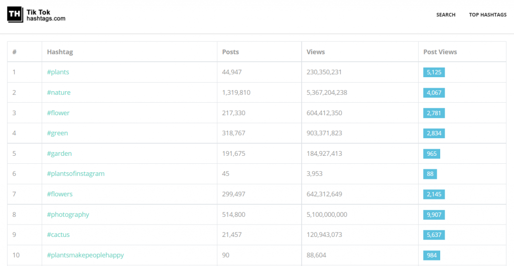 Hashtags for TikTok from tiktokhashtags.com in a table