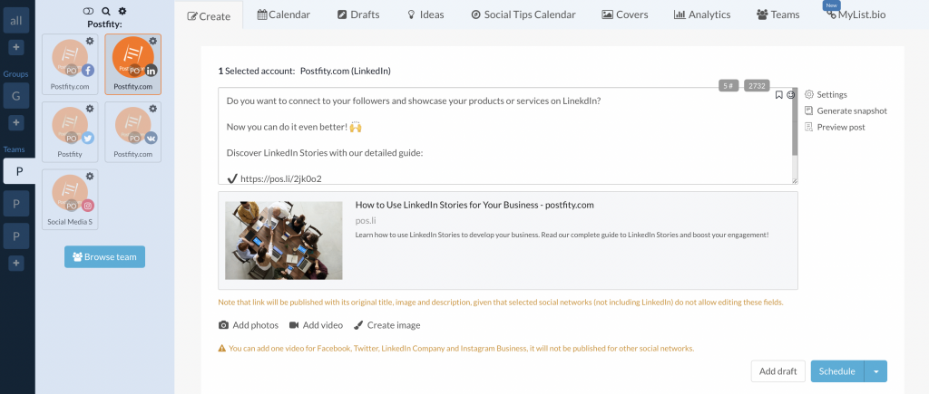 Scheduling posts on LinkedIn with Postfity