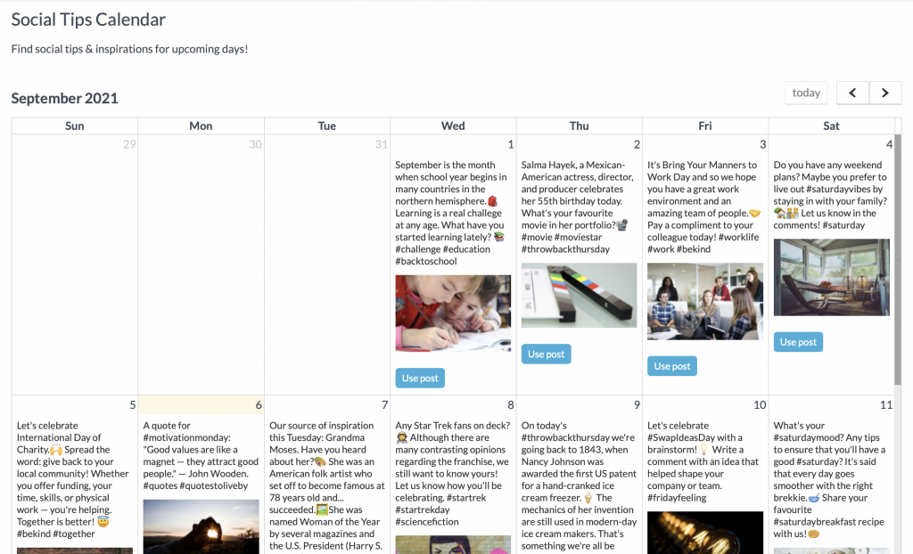 Postfity Social Tips Calendar with ideas for posts