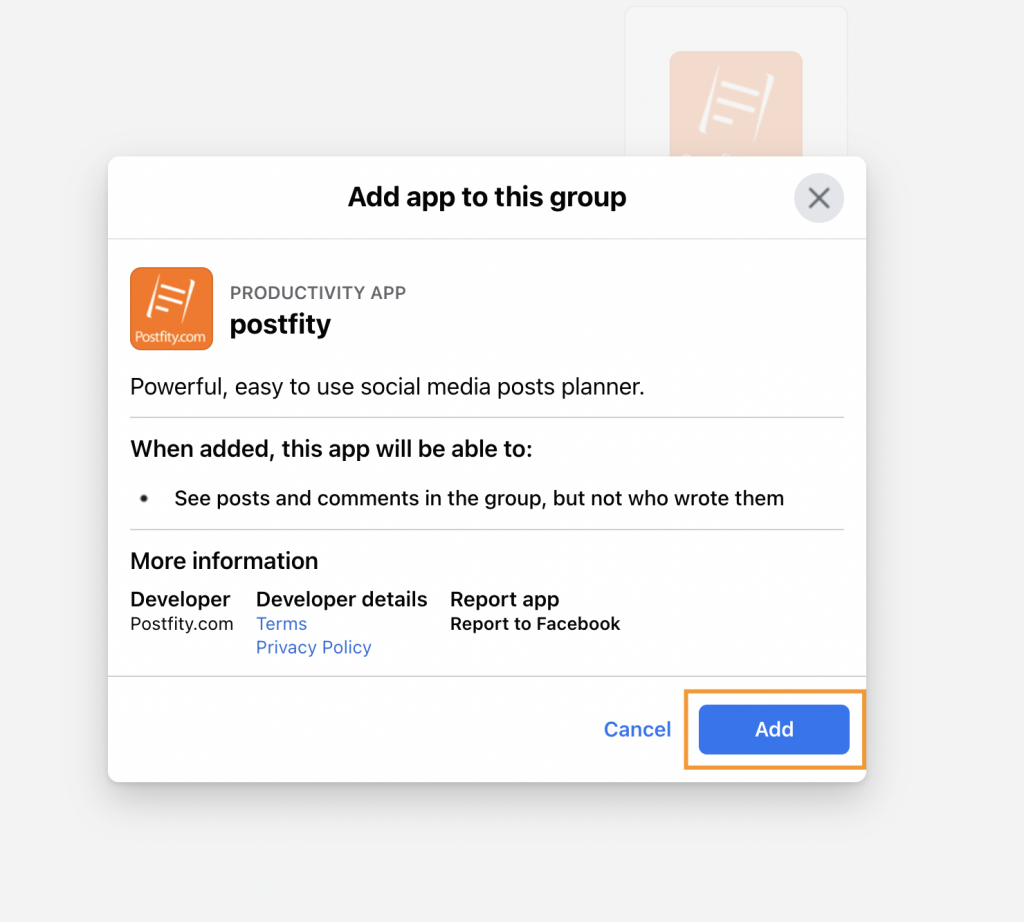 Add Postfity app to FB group