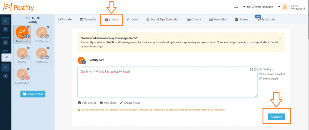Drafts option in Postfity Facebook auto poster