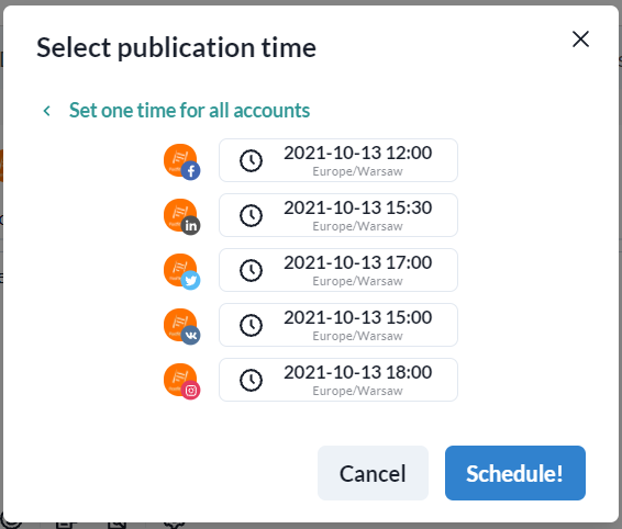 Selecting publication time for multiple accounts in Postfity