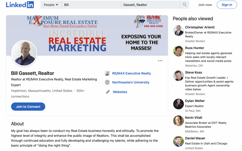 Example of LinkedIn's profile of real estate marketing expert 