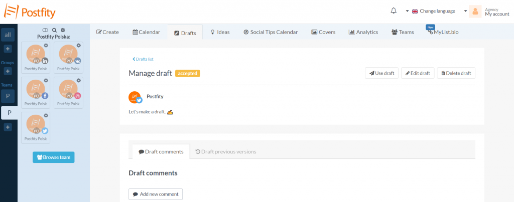 Manage drafts in Postfity