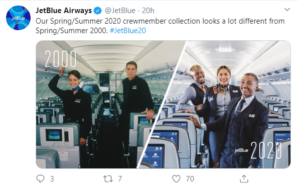 Social media post idea –JetBlue Airways compares its crewmember uniforms of 2000 and 2020.