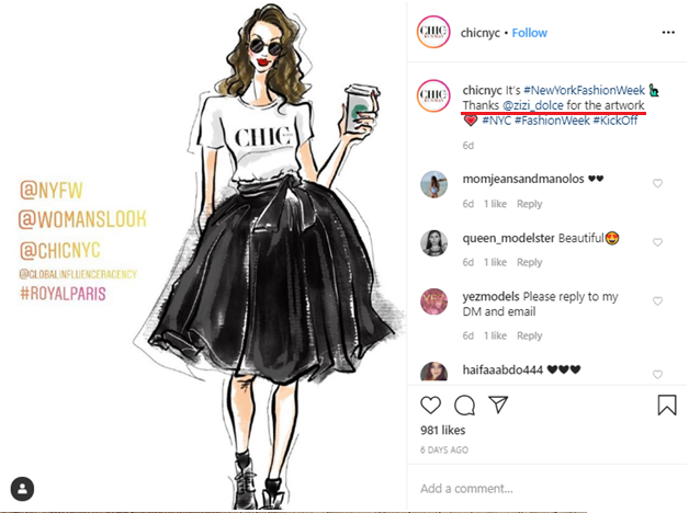  Social media post idea – ChicNYC uses a follower’s artwork for commercial purpose