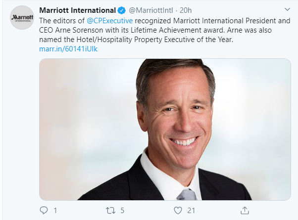 Social media post ideas – Marriott International informs customers about the brand’s recent awards and achievements.