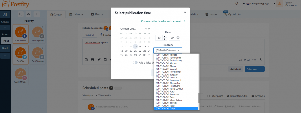 Virtual assistant tools: social media scheduler with an option to schedule to different time zones.