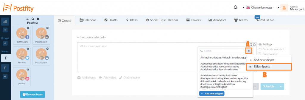 Hootsuite for Instagram? Use Postfity with Snippets