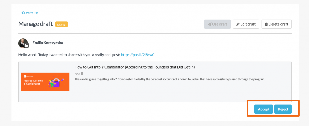 How to accept or reject a draft in Postfity
