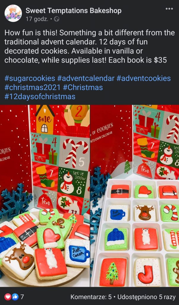 One of Sweet Temptations Bakeshop's Christmas Facebook posts - a holiday calendar with handmade cookies  
